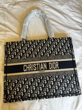 Christian Dior Blue & Beige Logo Jacquard Tote Bag